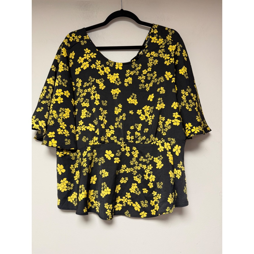 WHO WHAT WEAR‎ Black Yellow Floral Peplum Flutter Sleeve Top Women's XXL